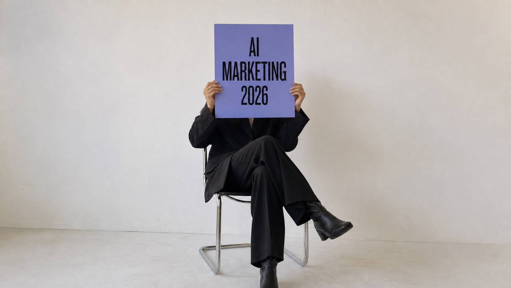 Person in a black suit holding a lavender poster reading AI Marketing 2026